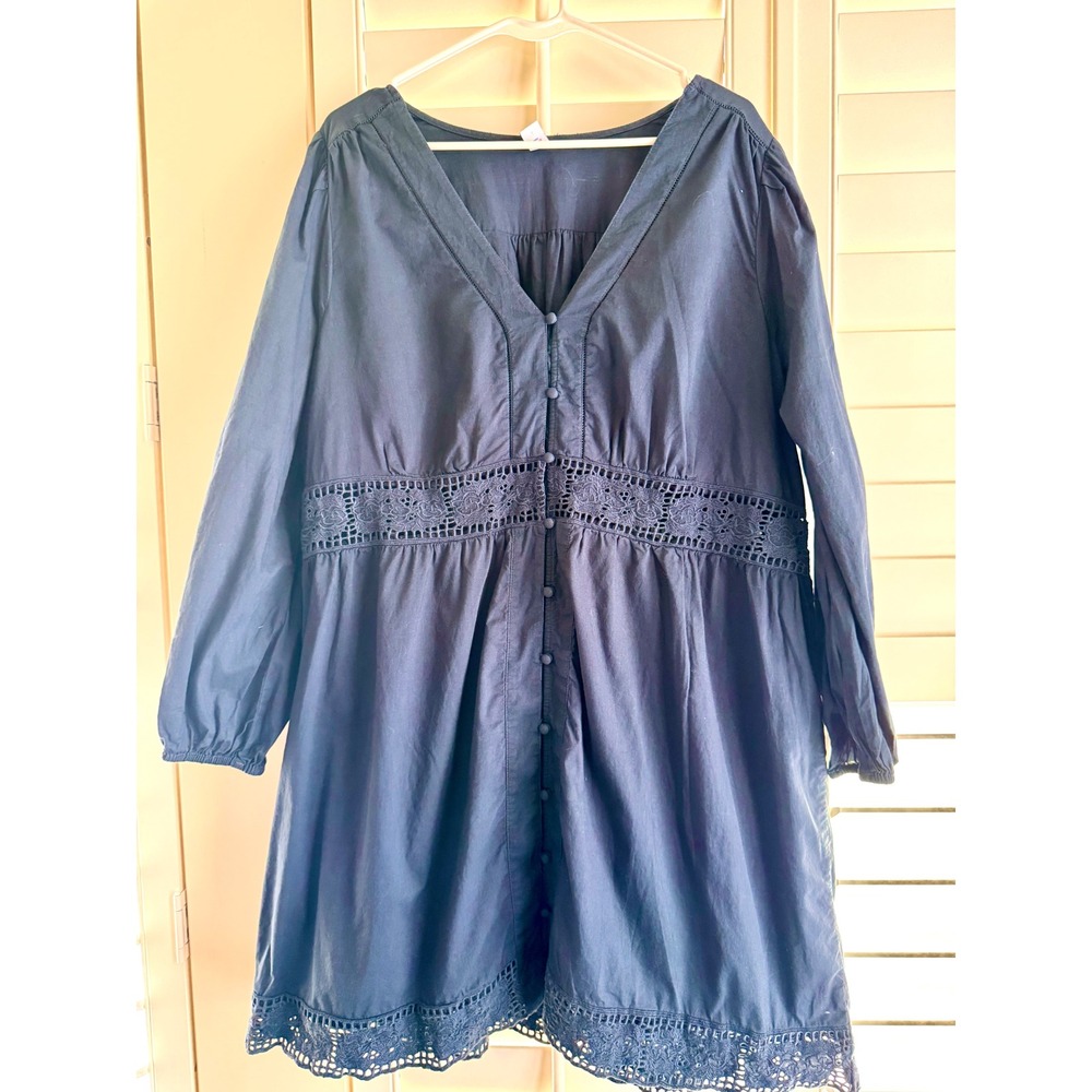 Old Navy Womens XXL Navy Blue Cotton Eyelet Lace Trim Boho Dress Long Sleeve